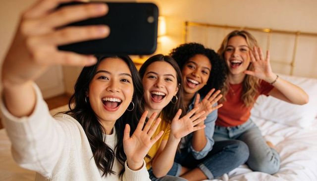 Smiling friends taking selfie on bed, laughing women waving and enjoying cozy sleepover