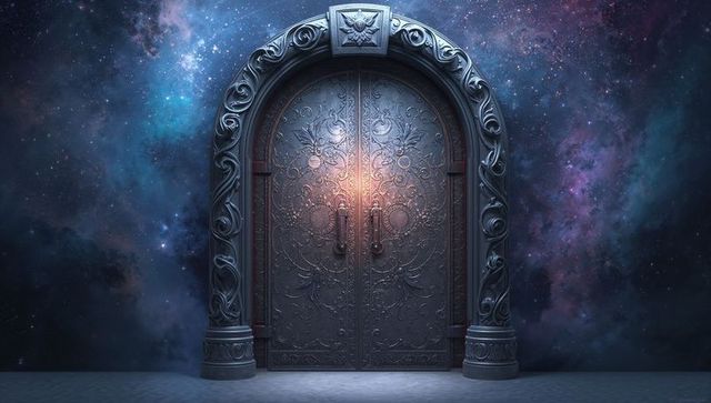 Ornate Metallic Doors in Cosmic Realm with Celestial Background
