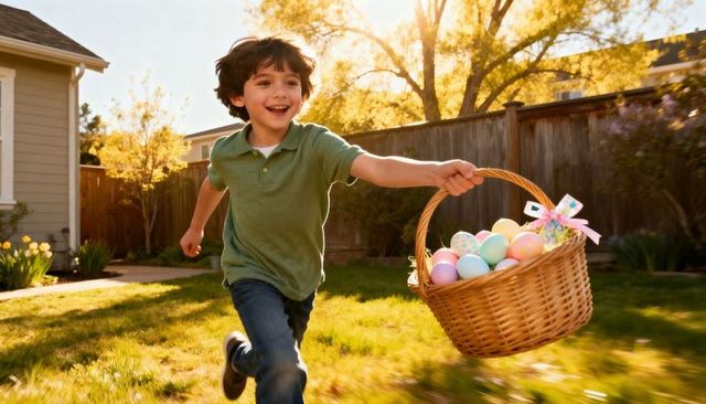 Running boy carrying wicker basket of pastel easter eggs through sunny suburban backyard