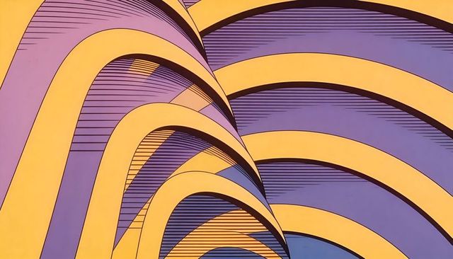 Layered curved architectural bands yellow purple creating rhythm geometric pattern