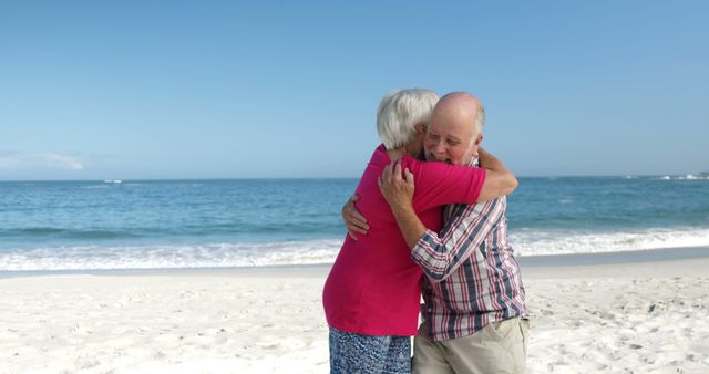 Happy Senior Couple Embracing on Sandy Beach on Sunny Day - Download Free Stock Images Pikwizard.com