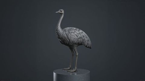 Monochromatic metallic emu sculpture on stone pedestal in gallery