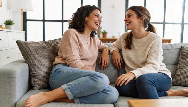 Two women laughing on cozy gray sofa, casual knit sweaters and rolled jeans at home