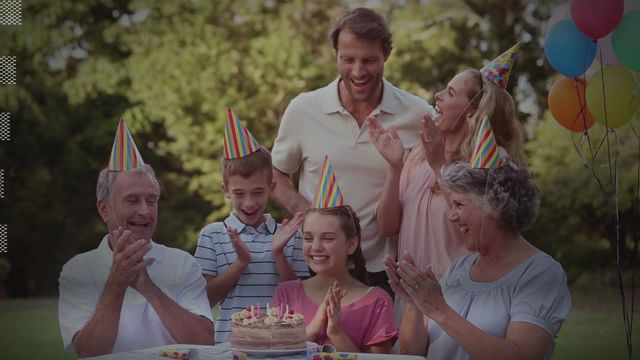 Positive atmosphere of a joyful multigenerational family celebrating a birthday in open air. Party hats and balloons enhance festive spirit. Ideal for illustrating family gatherings, outdoor celebrations, and happiness during special occasions. Great for advertisements, social media posts, and greeting cards featuring family unity and celebrations.