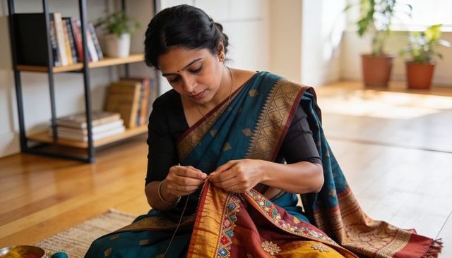 Artisan stitching ornate teal maroon sari by hand traditional embroidery and textile repair
