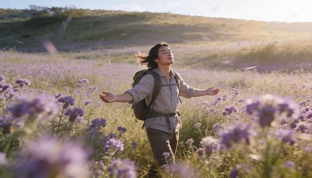 Male hiker embracing golden hour in purple wildflower meadow, backpacking serenity