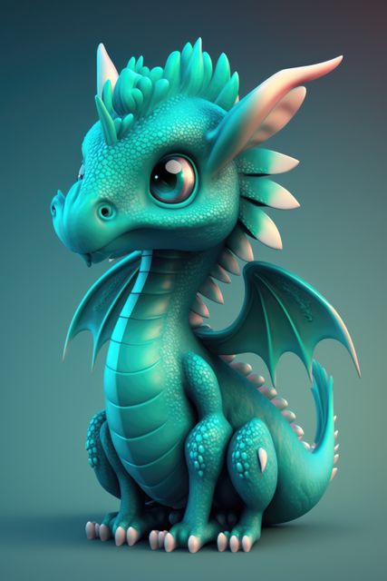 Depicts a cute baby dragon with teal scales and large expressive eyes sitting calmly. Ideal for use in children's books, fantasy stories, greeting cards, and decorative prints. Perfect for projects involving mythical creatures and whimsical themes.