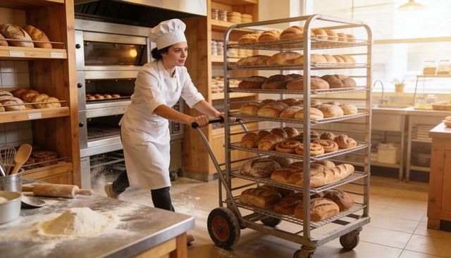 Female Baker Pushing Rack of Fresh Artisan Breads in Sunlit Commercial Bakery Kitchen