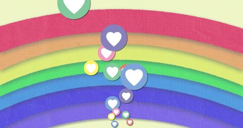 Social media heart icons over rainbow background representing connection