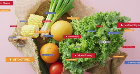 Topdown Flatlay Displaying Rustic Produce Bag with Kale, Oranges, Corn and Digital Badges