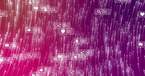 Magenta Purple Data Stream with Floating Social Media Notification Bubbles and Icons