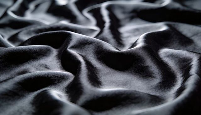 Shimmering black satin showing glossy folds, soft highlights and luxurious texture