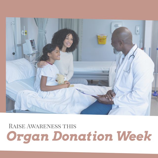 African american pediatrician talking to patient by biracial mother, organ donation week text. Digital composite, raise awareness, organ donation, encourage people, donate healthy organs after death.