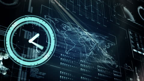Digital Interface with World Map and Overlaying Clock Animation
