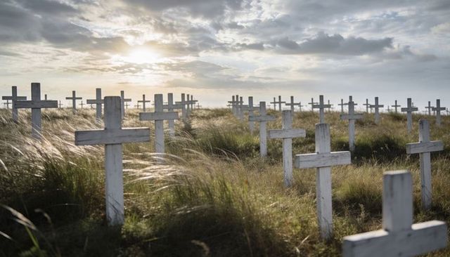 Rows of weathered white wooden crosses in windswept coastal cemetery at golden hour