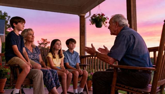 Multigenerational family listening to grandfather sharing stories on front porch at sunset