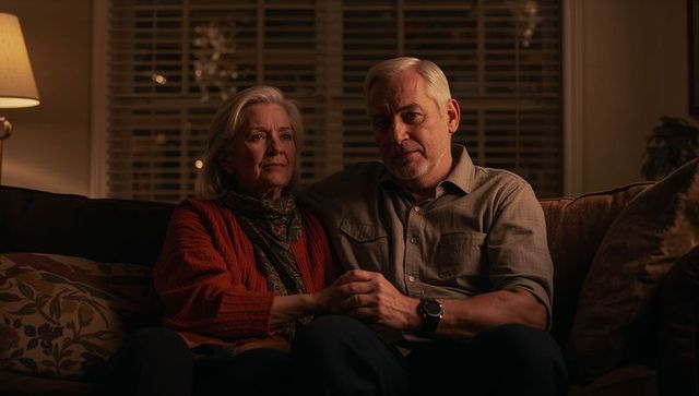 Senior couple holding hands on cozy sofa, intimate evening, warm home companionship