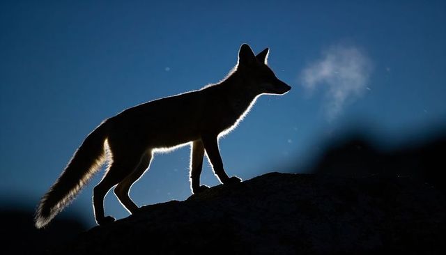 Backlit fox silhouetting on ridge at dawn, exhaling vapor and glowing blue-hour rim light