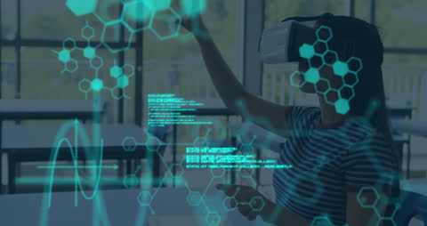 Woman Engages with Digital Data Using VR Headset Technology