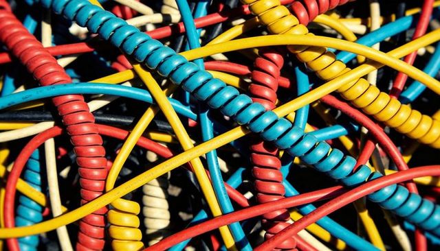 Tangled colorful coiled cables close-up abstract texture for tech, design and backgrounds