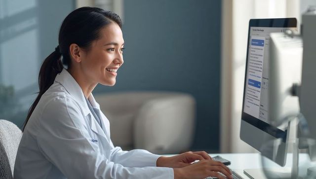 Female Clinician Typing at Desktop Computer in Modern Medical Office, Smiling