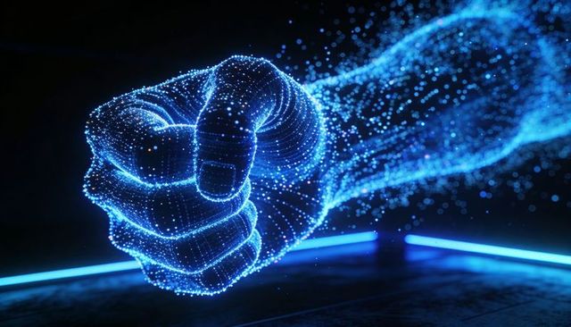 Glowing blue wireframe fist punching through digital particle stream