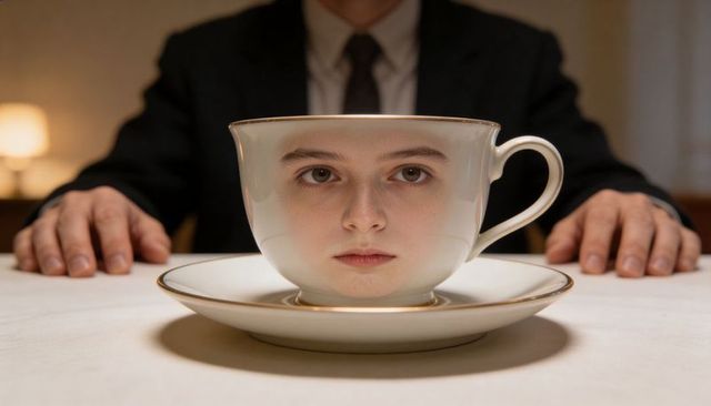Surreal porcelain teacup with human face at dining table conveying intimacy and mystery