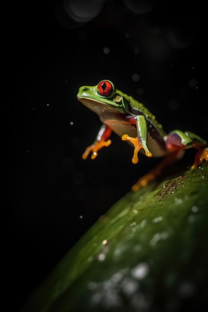 Red-eyed tree frog perched on a leaf in a tropical rainforest, highlighting vibrant colors and natural habitat. Suitable for educational material on wildlife, environmental conservation campaigns, nature-themed calendars, or biodiversity promotional content.
