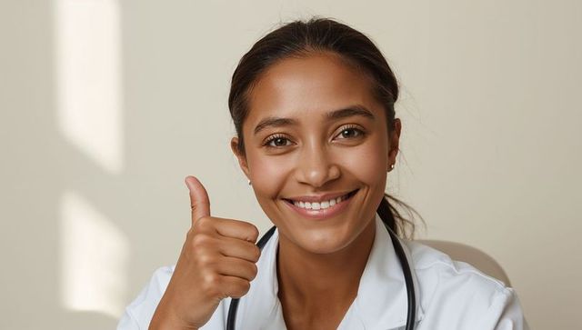 Smiling female clinician giving thumbs up wearing white coat and stethoscope