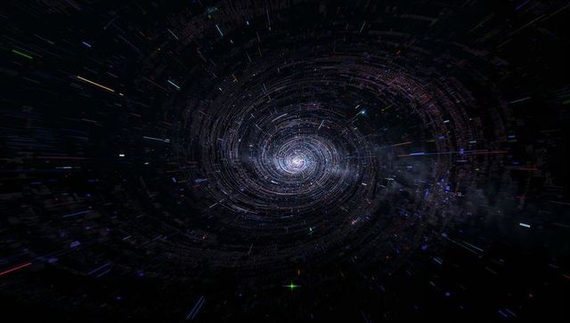Iridescent Spiral Vortex Tunnel Through Neon Galaxy Concentric Light Rings and Warp Stream