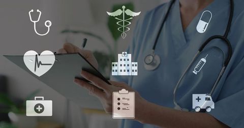 Nurse writing clinical notes with stethoscope and medical icons overlay for clinic use