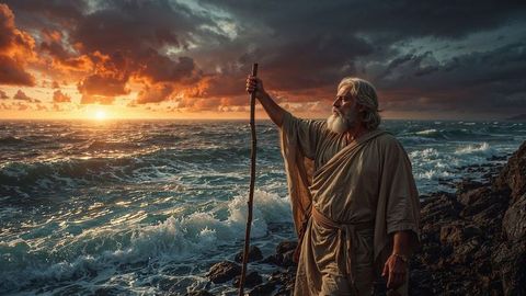 Bearded Traveler in Tunic Holding Staff on Rugged Shoreline Sunset