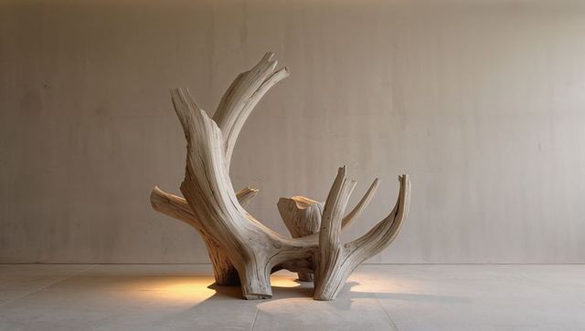 Monumental driftwood sculpture illuminated by warm spotlight in minimal gallery space