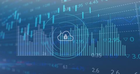 Digital security concept with padlock in cloud on stock market background