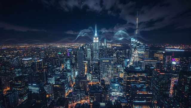 Neon-lit manhattan skyline with glowing spire and blue light waves over nocturnal metropolis