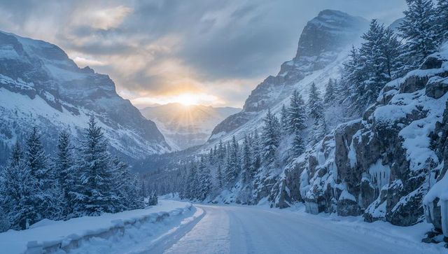 Sunrise lighting winding snow-covered mountain road through dramatic alpine winter valley