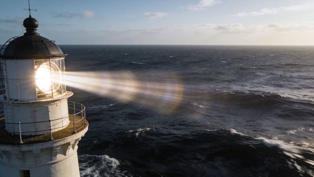 Lighthouse beaming powerful beacon across choppy sea with lens flare and horizon light
