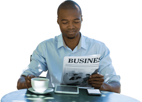 transparent businessman reading newspaper with coffee and tablet - Download Free Stock Videos Pikwizard.com