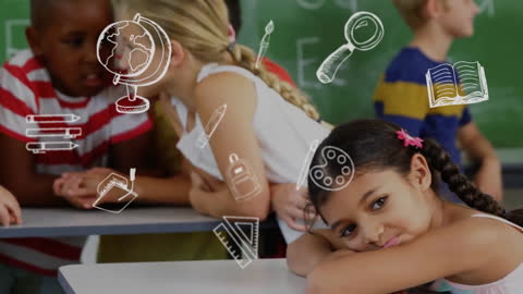 Smiling Students in Classroom with Education Icons Overlay