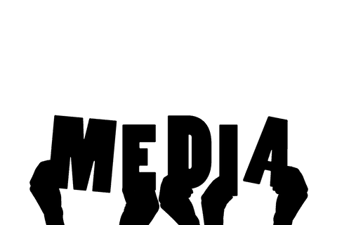 Digital hands with media text on transparent background