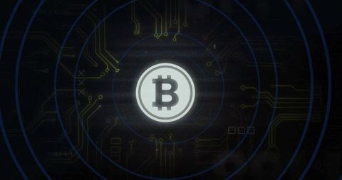 Glowing Bitcoin token emitting concentric blue rings over circuit board network backdrop