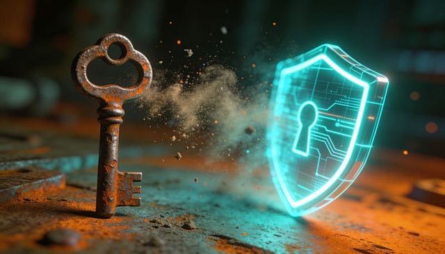Corroded skeleton key confronting neon holographic shield, cyber security concept, rust