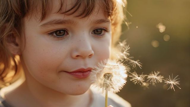 Backlit freckled child holding dandelion seeds during golden hour watching seeds drifting