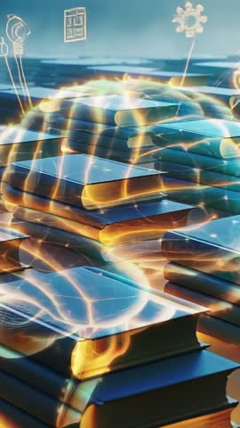 Vertical video: Holographic brain rings forming above stacked books, visualizing data flow