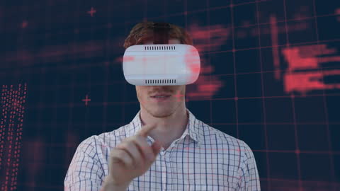 Businessman Using VR Headset for Data Interaction and Analysis