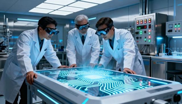 Researchers collaborating over holographic circuit on interactive lab table for ai innovation