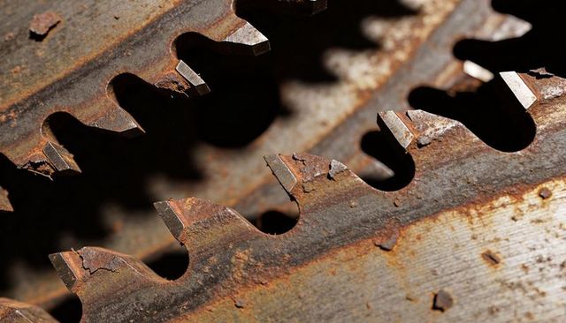 Corroding circular saw blades with broken tooth tips showing rusted metal texture macro