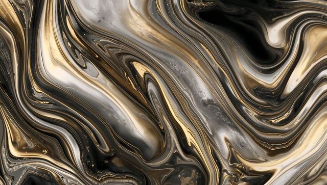 Flowing metallic marble swirl with gold veins glossy black resin fluid abstract background