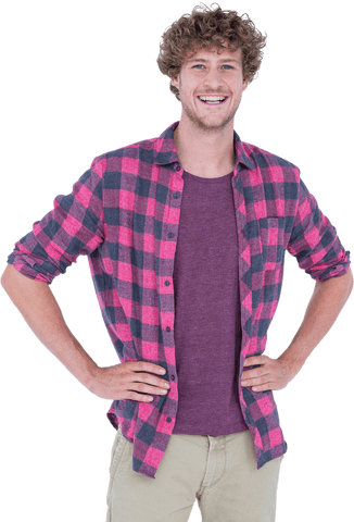 Transparent Happy Man in Casual Pink Plaid Shirt Fashion Pose