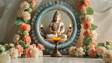 Tranquil home altar with deity statue and reflective beauty, vishu festival